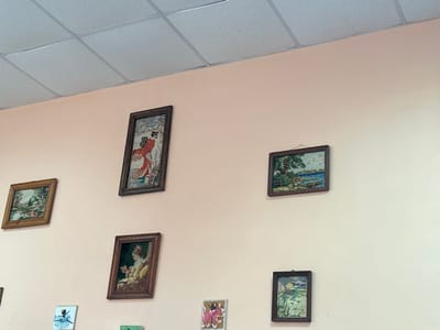 The image depicts an indoor scene in Raduga, Russia, featuring a light peach-colored wall extending from the mid-frame upwards. The upper portion of the frame shows a white acoustic tile drop ceiling with a metallic grid system.

Affixed to the wall are several framed artworks, primarily appearing to be needlepoint or embroidered pieces. From left to right and top to bottom:
- A horizontally oriented, light brown framed picture on the upper left displays a landscape with trees and a body of water.
- A vertically oriented, dark brown framed picture in the upper central area portrays a stylized Japanese woman in a red and orange kimono, facing right, with faint background vegetation.
- A horizontally oriented, dark brown framed picture on the upper right depicts a landscape with a prominent green tree on the left, an expanse of blue water, and distant land or structures.
- Below the Japanese woman, a vertically oriented, dark brown framed picture shows a portrait of a woman in ornate 18th-century attire, possibly holding an object.
- Towards the bottom right, a vertically oriented, dark brown framed picture features a stylized natural scene with green foliage and what appears to be a bird.
- Partially visible at the bottom left are small, square-shaped artworks; one clearly depicts a ballerina in a blue tutu, while another to its right is partially obscured.
- Another small, square-shaped artwork depicting a ballerina in a pink and gold tutu is partially visible at the bottom right.

No individuals are present in the immediate scene, nor are any active interactions depicted.