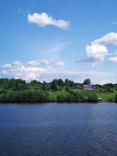 The image shows a rural landscape with a body of water in the foreground. The water is dark and has small ripples. On the opposite bank, there is a line of trees and greenery. Above the trees, there is a grassy hill with scattered houses and sheds. One of the houses has a roof that is half red and half blue. The sky is blue with scattered white clouds. The scene appears to be a calm and peaceful rural setting, likely located in Rodino, Russia, based on the prompt. There are no people visible in the image.