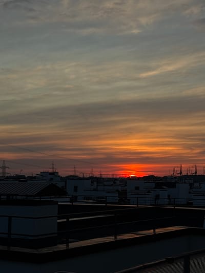 This vertical, eye-level shot captures a sunset over a city skyline, with the location being Военнослужащих Кп, Russia. The sky is a gradient of colors, transitioning from a pale blue-grey at the top to vibrant oranges and reds near the horizon. Thin, horizontal clouds are visible across the sky.
In the midground, the rooftops of several white, modern buildings are silhouetted against the colorful sky. These buildings appear to be multi-story structures, some with dark, angular awnings or overhangs. In the distance, numerous power line towers and electrical pylons are scattered across the landscape, indicating an urban or semi-urban industrial setting. The sun, a brilliant red orb, is partially visible just above the horizon, casting a warm glow on the clouds and the upper parts of the distant structures.
The foreground consists of dark rooftops, with railings and other architectural details of the buildings in sharp focus. The overall impression is one of a serene, yet potentially industrial, urban environment at dusk. There are no people or visible actions depicted in the image.