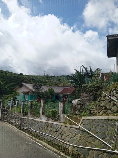 A house sits amidst a verdant landscape with terraced hills in the background. The house has a weathered roof and is partially obscured by vegetation. A stone wall lined with concrete pillars and pipes runs along the roadside in the foreground. The sky is filled with white clouds, hinting at a bright yet overcast day. Lush greenery and mountainous terrain create a sense of rural tranquility.