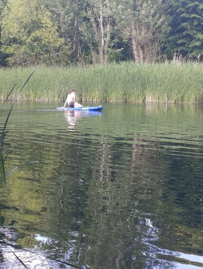 A person is paddleboarding on a calm body of water, surrounded by tall reeds and trees. The water reflects the green foliage and the sky, creating a dappled effect. The person, wearing swim trunks, is seated on the blue paddleboard, facing away from the camera. The scene appears to be a natural setting, possibly a river or lake, in a verdant environment. The location is not specified in the image or its context.