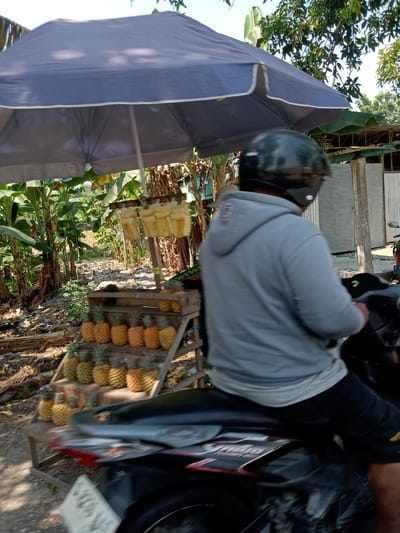 A person wearing a gray hoodie and a black helmet is sitting on a motorcycle. The motorcycle is parked next to a roadside stall displaying pineapples. The stall is covered by a large blue umbrella. In the background, there are banana trees and a building with a corrugated metal wall. The ground is covered with debris, suggesting a rural or undeveloped area. The scene appears to be in Kemamang, Indonesia.