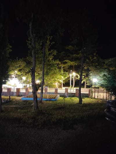 This media file depicts an outdoor scene at night in Dedoplistskaro, Georgia. The setting appears to be a park or a landscaped area with several trees that are illuminated by streetlights. In the background, there is a low brick wall topped with a fence, and beyond that, more trees and illuminated areas, possibly buildings or other park features.
In the foreground and midground, the grass is visible, some areas appearing well-maintained while others are more overgrown. There are also some man-made elements, including what looks like a shallow, blue-lined structure with a metal grate, possibly a water feature or pond. A dark-colored car is partially visible on the right side of the frame, with a license plate that reads "LL-104".
The time of day is clearly night, with artificial lighting casting a warm glow on the foliage and structures. The weather is not explicitly indicated, but the scene appears calm. No people are visible in the image, and the overall mood is tranquil and perhaps a bit eerie due to the nighttime setting and shadows. The visible text is limited to the license plate on the car.