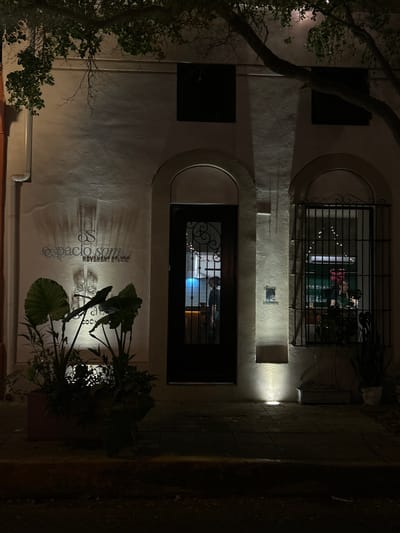 A nighttime view of a building facade in Mazatlán, Mexico, is captured in a sideways photograph. The building, painted in a light color, features two windows on the upper level, each framed with arched detailing. The top window is fitted with ornate metal bars. The lower window appears to be a doorway, similarly framed. A sign is partially visible on the wall to the right of the doorway, bearing the words "Espacio Sonrisa Movement Studio". Lush vegetation, including a large-leafed plant in a pot, stands near the doorway. The left side of the building is partially obscured by a tree branch with foliage. A light source above the doorway illuminates the facade, casting shadows. The background is dark, suggesting it's night. Inside the top window, a person and some interior decorations can be seen. Similarly, a person is also visible inside the lower window. The street is also visible.