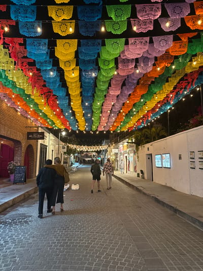 The image displays an illuminated pedestrian street at night within the Art District of San José del Cabo, Mexico. Numerous rows of colorful papel picado (perforated paper banners) in shades of red, orange, yellow, green, blue, purple, and pink are strung horizontally across the street, interspersed with parallel strings of incandescent-style bulbs providing overhead lighting. The street surface is paved with light-colored cobblestones.
On the left side, a building with exposed brickwork and an arched entrance is visible, featuring a sign identifying "Las Tres G**a**llas" and a pink door. A black chalkboard sign with white text stands nearby. Further along the left are white-walled buildings housing commercial establishments. On the right side, white-walled buildings line the street, one with a visible "TRUST" sign above a storefront, and another displaying framed artworks on its exterior wall. Tropical foliage, including a palm tree, is visible above the buildings on the right.
Four individuals are present, all walking away from the camera. In the foreground on the left, one person in a dark jacket is seen with an arm around another individual wearing a brown top and dark wide-leg pants. Ahead of them and slightly to the right, a person in a dark t-shirt and dark shorts walks. To the right of that individual, another person in a light-colored, patterned short-sleeved shirt and light pants proceeds. A small, white rectangular object and a red item are visible on the cobblestones near the foreground figures. In the distant background on the right, a fifth figure in light clothing is partially visible.