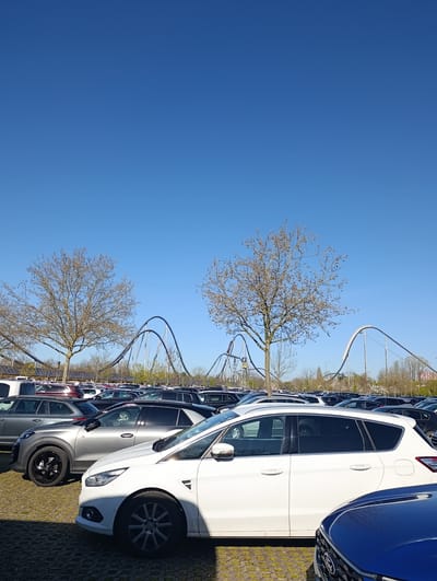 The image shows a parking lot filled with cars under a clear blue sky. In the background, behind two bare trees, is a visible roller coaster. The location is the parking lot of Europa-Park in Rust, Germany, as indicated by the roller coaster visible in the background. Cars of various colors and models are parked closely together. The foreground features a gray crossover SUV, a white Ford Galaxy, and a blue Ford. The environment suggests a sunny day at a popular amusement park. There are no visible people.