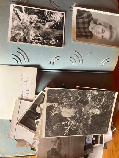 This media file contains an open photo album with several black and white photographs. The album is blue with decorative cutouts on the pages.
On the left page, the top photo is a portrait of a young woman with her hair styled up, wearing a plaid shirt. Below this is a photo of two young women posing in a park with a large eagle statue. One woman is seated on the statue's base, wearing a floral dress, and the other is standing behind her. The statue appears to be made of stone.
On the right page, the main photograph shows a young woman with dark hair smiling and standing amongst dense foliage, likely in a garden or park. She is wearing a patterned dress. Below this, several other photographs are stacked and partially visible. One of these, prominently placed, shows a child with a serious expression, wearing a dark hat and jacket. Another visible photograph is a landscape, possibly of a town or city with buildings and a road.
A handwritten note on a small card is visible near the bottom right of the left page. The text, in Russian, reads: "г. Калинин Август 1948 года. Николаева с Новосе" which translates to "Kalinin city, August 1948. Nikolaeva with Novosel". The location context suggests this is in Russia. The photographs evoke a sense of nostalgia and personal history, capturing moments from the past. The presence of handwritten notes indicates these are personal mementos.
