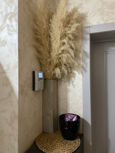 Captured in what appears to be an indoor setting, the photograph showcases a ledge or shelf decorated with a range of items. A window frame looms overhead, casting a shadow on the scene.
To the left, a large cluster of beige pampas grass creates a soft, textured visual. A thermostat is situated nearby, sporting a display screen, buttons, and a two-toned design featuring white and dark-blue sections. Adjacent to the thermostat, a rectangular block of light-grey wood adds a subtle geometric element.
On the right side of the frame, a black canister with a pink liner can be seen resting against a woven basket-like object, all set against a backdrop of beige textured walls. The environment evokes a sense of styled domestic space with a mix of natural and artificial elements.