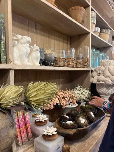 This photograph, likely taken indoors, shows a wooden shelf display in Fredericksburg, Virginia.
The shelf is divided into sections and contains various items. From left to right:
- Pottery pieces in different shapes and materials
- Clear glass containers, some wrapped with woven material
- Decorative urns, white ceramic animals, and faux plants
- A large, wooden bowl filled with decorative bird nests, each containing small, white eggs
- Several small, decorative items, including wooden flower-shaped objects, and boxes of incense labeled "Flower Porn."
- A book titled "Wonder of the Woodlands" is visible at the bottom of one of the sections.
A person's hand with a ring on the finger and a partially visible arm wearing a colorful sleeve is reaching into the shelf display.