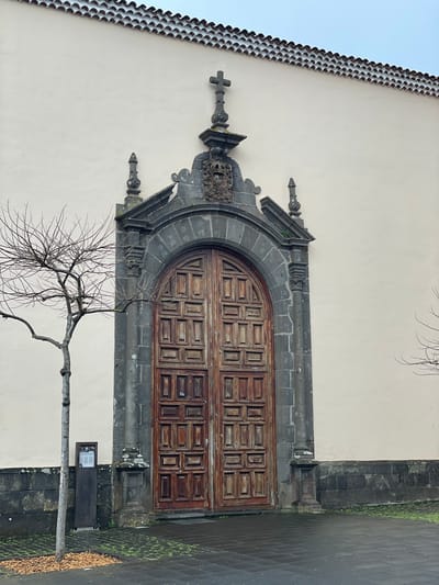 A static photograph, originally oriented vertically but presented here on its side, captures the ornate entrance of a historic building. The central focus is a large, dark wooden double door, featuring intricate geometric paneling. This door is framed by a decorative grey stone archway, which includes carved finials, a central crest-like embellishment, and a cross-shaped ornament at its top. The building's facade is a smooth, light-colored (cream or pale yellow) plaster or stucco.
A section of the roof, with rows of reddish-brown, scallop-edged tiles, is visible along the top-left edge against a pale, overcast sky. To the right of the door, the building's corner is constructed from dark grey, rectangular stone blocks, continuing down to form a low base.
In front of the building, a slender, bare deciduous tree with numerous branches suggests a cool or dormant season. Beside the tree, a dark, rectangular display stand or sign with white, illegible text is positioned on the dark, possibly wet, paved ground, which extends along the bottom right. No people or activities are present. The scene depicts a quiet moment, likely during daytime under an overcast sky. The architectural style is consistent with historic buildings found in places like San Cristóbal De La Laguna, Spain.