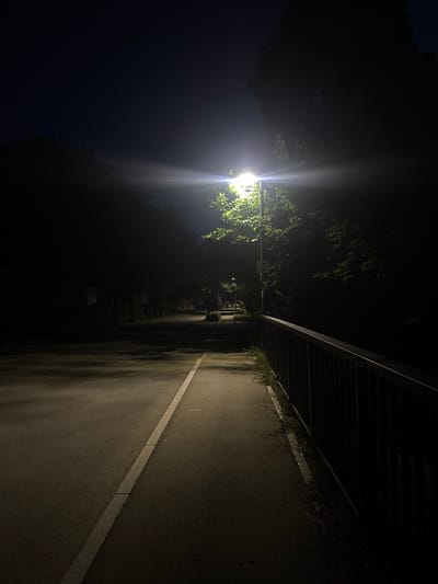 The image depicts a nighttime view of a path or sidewalk next to a road, illuminated by a single street lamp. The path is paved and has a white line marking its edge. To the right, a black metal railing runs along the path. Trees line the opposite side of the road, casting shadows in the dim light. In the distance, the road curves slightly and other street lamps are visible. The scene is dark, suggesting it is late at night. The location is identified as Bad Waldsee, Germany.