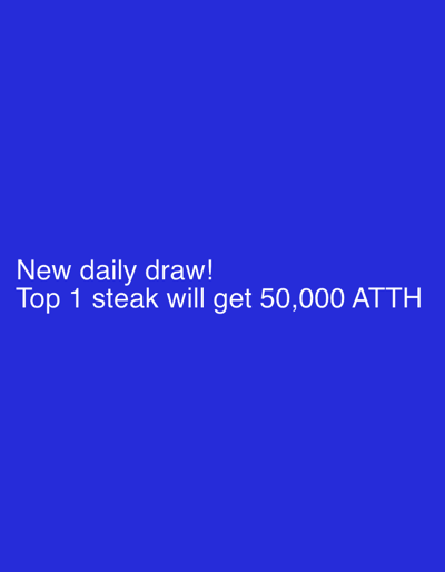 The image is a plain blue background with white text. The text reads "New daily draw! Top 1 steak will get 50,000 ATTH". There are no people, subjects, objects, actions, interactions, or environmental details present in the image. The location in the city of Shebarshino, Russia, is irrelevant to the content of the image.