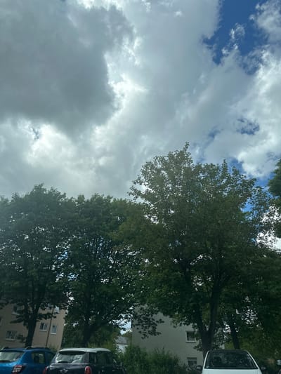 The image displays a daytime scene in an urban or suburban environment, likely in Fulda, Germany. The sky dominates the upper portion of the frame, presenting a mixture of bright blue patches and diverse cloud formations. Some clouds are brilliant white, indicating areas of brighter sunshine, while others are significantly darker and grey, suggesting a partly cloudy or possibly overcast condition.
A prominent feature of the image is the dense foliage of several trees, their lush green canopies extending from the middle to the right side of the frame. These trees are full of leaves, creating a natural barrier that partially obscures the background. Through and behind the branches of these trees, parts of a light-colored building with several windows can be seen on the lower-right. The architectural style appears consistent with a European town.
On the far right, partially visible through the trees and next to the building, are two parked vehicles. The front section of a white van or car is glimpsed near the top right, and the rear of a dark blue car is visible below it. The presence of buildings and parked cars suggests a residential or commercial street scene.
There is no discernible human activity or specific event taking place. The time of day appears to be during daylight hours. No visible text is present in the image. The weather condition is characterized by a mix of sun and clouds.