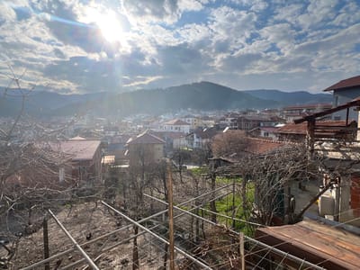 An elevated view captures a portion of Breznitsa, Bulgaria, a town situated within a valley flanked by forested mountains, under a partly cloudy sky with prominent sun glare. The foreground features a garden area with bare deciduous trees and an extensive metal trellis system, likely for climbing plants. Several dark-feathered chickens are visible foraging on the exposed earth. To the right, a weathered building with a corrugated brown roof and an attached wooden structure covered in dormant vines is present. The midground and background reveal a dense residential settlement composed of numerous multi-story houses, primarily featuring red-tiled roofs and light-colored facades. Some structures appear to be under construction. Scattered plumes of smoke or haze rise from various points in the distant town. No human figures are discernible within the frame.