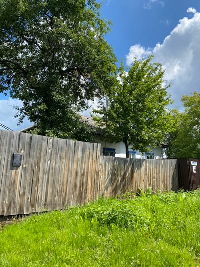 A wooden fence stretches across the foreground of the image, with a mailbox attached to the left side. Beyond the fence, a white house with blue trim around the windows is partially visible, surrounded by lush green trees and foliage. The sky is a vibrant blue with scattered white clouds, suggesting a sunny day. The scene appears to be a residential area in Severka, Russia.