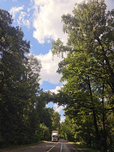 A white truck drives down a two-lane road bordered by lush green trees on both sides. The sky above is a vibrant blue, dotted with fluffy white clouds, suggesting a pleasant, sunny day. The trees are full and verdant, with leaves casting dappled shadows on the asphalt. Some branches arch over the road, creating a natural canopy. The road appears to be in good condition, with clear lane markings. The truck is seen from the front, a typical commercial vehicle, and it is the only vehicle visible on the road in this frame. The scene evokes a sense of peaceful travel through a natural, wooded environment. The time of day appears to be midday, given the brightness of the sunlight and the angle of the shadows. The location context suggests this is a rural or semi-rural road in Kraskovo, Russia. No text is visible in the image.