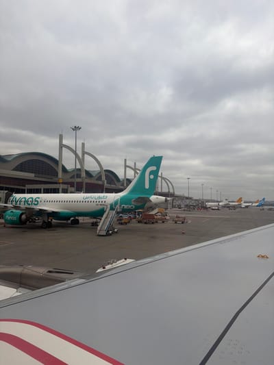 The image displays an active airport apron and terminal area at Sabiha Gökçen International Airport, serving the region including Tuzla, Turkey. The scene is observed from the right wing of a parked aircraft under a uniformly overcast grey sky.

In the midground, a Flynas Airbus A320neo aircraft, bearing registration HZ-NS6C, is stationary on the tarmac. This aircraft features a white fuselage with teal accents on its tail and engine nacelles, displaying the Flynas logo and Arabic script. Two mobile passenger airstairs are deployed at its forward and aft passenger doors. Numerous ground service vehicles, including baggage carts, are positioned around the Flynas aircraft.

The background features the airport's main terminal building, characterized by its distinctive arched roof structure and glass facade. The text "SABIHA GÖKÇEN AIRPORT" is partially visible on the terminal. Further along the apron, several other commercial aircraft with various liveries are parked. Tall airport floodlight poles are also present.

The lower foreground is occupied by a section of a grey aircraft wing, belonging to the vantage point aircraft, exhibiting red striping along its leading edge fairing. No individuals are distinctly identifiable within the frame.