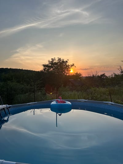 This is a vertical, low-angle, wide shot of a sunset over a rural landscape. In the foreground, the edge of a blue and gray inflatable pool with a honeycomb pattern is visible. A small, pink inflatable flamingo floats in the pool. The pool is filled with water that reflects the sky. In the background, a dense, dark green forest covers a hillside. The sky is a gradient of pale orange and yellow near the horizon, transitioning to a muted blue with wispy white clouds. The sun, a bright orange orb, is partially obscured by the branches of a dark green tree in the middle ground. A small, rustic building with a dark roof is nestled among the trees on the hillside. The overall mood is peaceful and serene, likely indicating an evening in late spring or summer, given the lush greenery. The image appears to have been taken in Velyka Berezovytsia, Ukraine. There is no visible text in the image.
