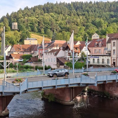 This is a landscape photo taken from a bridge, looking down onto a town situated along a riverbank, with a forested hill in the background. The perspective is vertical.
The foreground shows a modern bridge with glass railings and planters filled with colorful flowers. A gray car is parked on the bridge, its tires visible, and part of its rear bumper is in frame. The bridge crosses a dark, rippling river.
Beyond the bridge, a cluster of buildings forms a village or town. The architecture appears to be a mix of older styles, with red-tiled roofs and some half-timbered elements, alongside more modern facades. One building prominently displays the text "Volksbank" along with its logo. Flower boxes and greenery are visible along the street. In the mid-ground, a large wooden wheel is mounted on the side of a building. Further back, the hillside is densely covered with lush green trees. On the hillside, a light-colored, small structure resembling a gazebo or tower with arched openings is visible amongst the trees.
The scene suggests daytime, with bright sunlight illuminating the buildings and casting reflections on the water. The overall impression is a picturesque and serene setting in a European town, likely in Germany given the "Volksbank" text and architectural style. The weather appears to be clear and sunny. There are no people visible in the image.