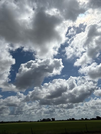 The media file depicts a sky filled with dramatic, voluminous clouds that are a mix of white and dark gray, suggesting a partly cloudy or possibly overcast day. The sun is partially visible through a break in the clouds on the left side of the frame, casting a bright, diffused light that creates a subtle rainbow-like halo effect. Several dark lines, likely power lines, are strung across the sky.
The lower right portion of the image shows a sliver of a green landscape, appearing to be a field, bordered by a line of dark trees along the horizon. A few thin, dark vertical poles are also visible in the landscape, possibly fence posts or utility poles. The overall scene suggests an outdoor setting, likely rural or semi-rural, under a dynamic sky. The lighting indicates it could be daytime, perhaps late morning or afternoon, given the brightness and cloud formations. There is no text visible in the image. The mood conveyed by the sky is one of natural grandeur and perhaps a hint of impending weather change. The location context places this scene in Lakewood Ranch, United States.