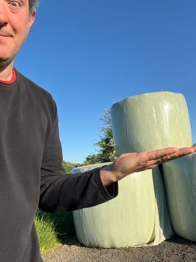 A man in a black long-sleeved shirt stands near hay bales in Reckange-sur-Mess, Luxembourg. He holds his hand out towards the bales. The bales are wrapped in white plastic and are stacked two high. The sky is blue. Trees are visible in the background. Grass and asphalt are visible on the ground. The man's face is partially visible in the lower left corner of the image.