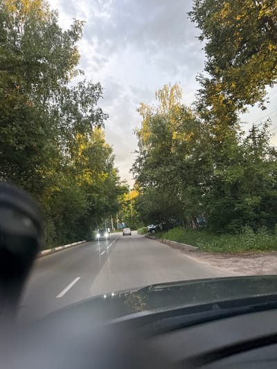 The image depicts a road in Arzamas, Russia, likely taken from inside a vehicle. The road is paved and has white lane markings. Trees line the sides of the road, with lush green foliage and some yellowing leaves, suggesting it might be late summer or early autumn. The sky is overcast with dramatic clouds. Two cars are visible on the road; one is further down and appears to have its headlights on, while another is closer and has its brake lights illuminated. The overall scene suggests a daytime drive, possibly in the late afternoon or early evening, as the light seems to be dimming. The angle of the shot, with the road and trees appearing to slant, indicates the photo was taken while the vehicle was in motion. No people are clearly discernible.