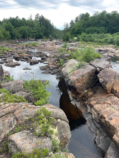 This is a vertical, outdoor, medium shot photograph taken in the Village of Lyons Falls, USA. The scene depicts a rocky riverbed with a dark, calm body of water flowing through it. Large, rough-hewn rocks, varying in size and color from reddish-brown to grey, dominate the foreground and midground. Green vegetation, including small trees and moss-like growth, is scattered amongst the rocks, with a dense forest of green trees lining the background to the left. The water's surface reflects the cloudy sky and the surrounding rocks. The overall impression is a natural, rugged landscape, possibly during the day given the lighting. There are no people or discernible objects other than natural elements and power lines visible in the far left of the image.