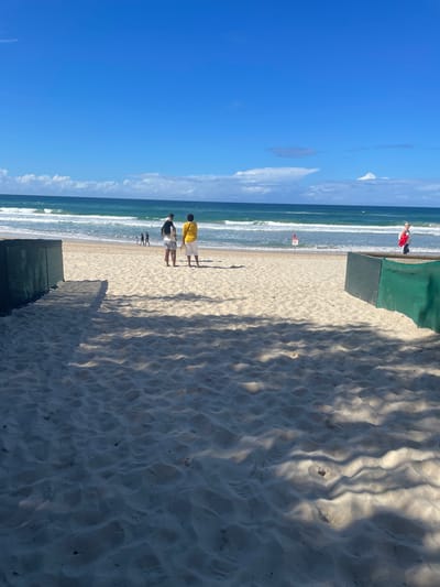 This image depicts a sunny day at a beach on the Gold Coast, Australia. The foreground features a sandy path leading towards the ocean, bordered by green netting on either side, casting dappled shadows on the sand. In the mid-ground, several people are visible on the beach. Two individuals stand facing the ocean, one wearing a yellow shirt and white shorts, and the other a black and white striped skirt and a dark top. Further back, a few other people are walking along the shoreline. The ocean exhibits moderate waves, with white surf breaking near the shore. The sky is a vibrant blue with scattered white clouds. A red flag and a sign are planted on the beach near the water's edge. A person in a white top and red jacket is walking further down the beach. The overall scene is that of a typical beach day with people enjoying the coastal environment.