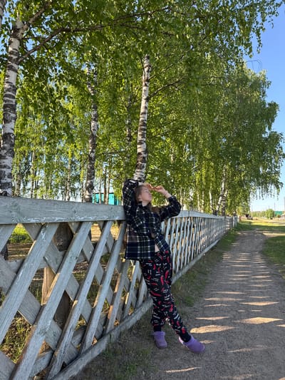 The image displays an outdoor scene in Ust'-Silayka, Russia, featuring a young woman leaning against a weathered wooden lattice fence. She wears a dark plaid shirt, black pants with a red chili pepper and white text pattern, and purple slip-on shoes. Her arms are raised behind her head, and she is looking upwards towards a dense canopy of birch trees that line the fence. Sunlight filters through the green leaves, casting long, diagonal shadows across a dirt path that runs parallel to the fence on the right. In the background, beyond the trees, a clear blue sky is visible, and in the far distance to the right, parts of a rural settlement with houses and utility poles can be discerned. The overall lighting suggests late afternoon or early morning sun.