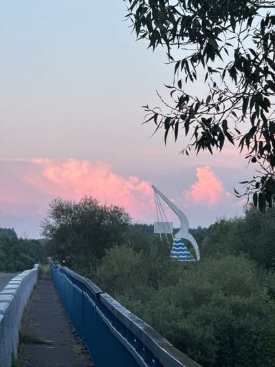 This is an eye-level shot of a bridge walkway with a blue metal railing on the right and a concrete barrier on the left. The walkway extends away from the viewer, curving slightly to the left. Beyond the railing, dense green foliage is visible. In the mid-ground, a white abstract sculpture with blue wave-like patterns at its base stands amidst the trees. The sky above is a soft gradient of pale blue and pink, with the pink becoming more prominent due to the presence of illuminated clouds. Dark green tree branches with long, slender leaves frame the top of the image, partially obscuring the sky. The scene appears to be a landscape on the outskirts of a town, possibly near a body of water given the sculpture's design. The overall atmosphere is tranquil, possibly during sunset or sunrise.