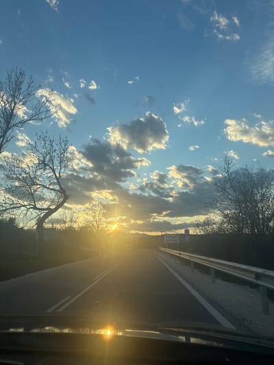 The image captures a scene on a road in Kozarsko, Bulgaria, possibly taken from inside a moving vehicle. The sky is visible, filled with clouds and the sun shining brightly. A road with white dividing lines runs through the scene. A road sign is visible on the side. The bare branches of a tree are silhouetted against the sky. A guardrail is also present on the side of the road.