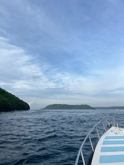 A view from a boat features a choppy, dark blue sea meeting a distant, hazy green shoreline. The sky is overcast with a mix of light and dark clouds. The bow of the boat, with its metal railings and striped white and blue deck, occupies the right side of the frame. The horizon line is slightly angled, adding to the sense of motion.