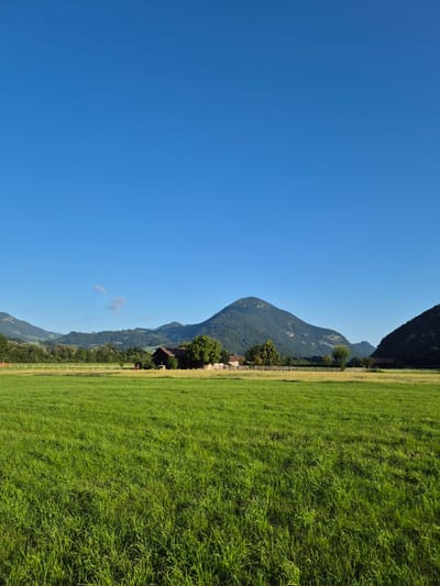 The image depicts a rural landscape under a clear blue sky. In the foreground, a lush green grassy field stretches across the frame. In the middle ground, a wooden fence separates the field from a stretch of drier grass, beyond which are several farm buildings, including a dark-colored barn with a gabled roof. Trees are scattered around the buildings. The background features rolling hills and mountains, some covered in dense forest, with a prominent, rounded peak dominating the center-right of the scene. The scene is tranquil and appears to be a sunny day in Niederndorf, Austria, likely a farm or agricultural area with views of the surrounding natural landscape. There are no people or animals visible in the image.