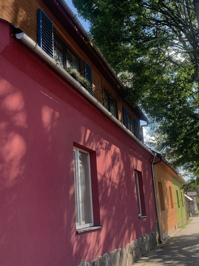 The image displays a daytime street scene in Yasinia, Ukraine, focusing on the architectural details of several buildings. The primary structure on the left features a lower facade section painted in a vibrant reddish-pink stucco, with a rough-hewn stone foundation visible at its base. Two vertical, white-framed windows are present on this lower level. Above, the building transitions to a horizontal wooden-paneled upper section, featuring multiple dark-framed windows fitted with blue louvered shutters; some shutters are open, and a planter box containing green foliage is situated beneath one window. A grey metallic rain gutter runs horizontally between the two facade materials. To the right, the street continues with an adjacent building presenting an orange-peach colored facade, followed by a building with a lime-green facade. A paved sidewalk extends along the front of these structures. Large, dense green tree canopies are visible along the upper and right edges of the frame, casting significant shadows across the building facades and sidewalk under a clear blue sky with some scattered white clouds. No individuals, animals, or active events are present in the static scene.