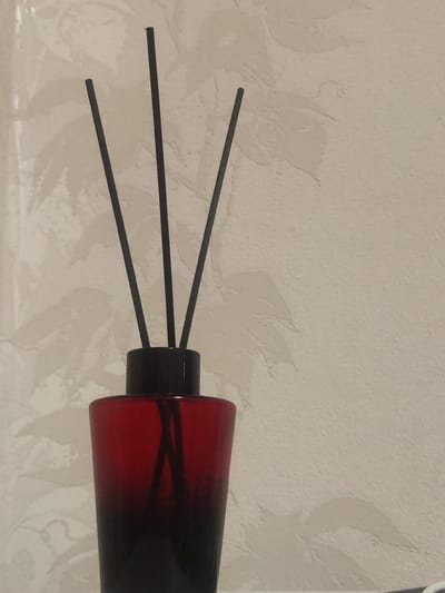 A red glass diffuser bottle with a black lid is on a textured, light-colored surface, likely a wall or shelf. Three black diffuser reeds are inserted into the bottle, extending upwards. The bottle has a gradient color from deep red at the top to black at the bottom. The background is a textured wall with a subtle floral pattern. There are no people present in the image. The scene appears to be indoors, possibly in a home or office environment. There is no information in the image to indicate the location in Guryevsk, Russia.