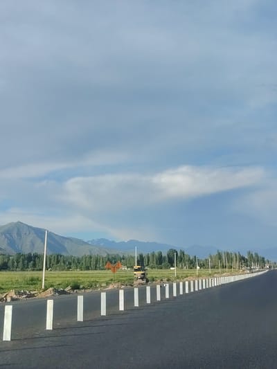 This image captures a scenic view of a highway in Temir, Kyrgyzstan, under a partly cloudy sky. The road, paved with dark asphalt, curves gently to the right in the foreground. A line of white bollards marks the edge of the road, receding into the distance.
Beyond the road, a vibrant green field stretches out, dotted with numerous tall, slender trees that form a dense line along the horizon. In the middle distance, a yellow excavator is visible, suggesting ongoing construction or maintenance work. A distinctive orange directional sign stands near the excavator, its shape resembling an arrow.
In the background, majestic mountains rise, their slopes covered in lush greenery. The sky is a mix of light blue and soft, diffused clouds, indicating it is likely daytime, possibly late afternoon due to the gentle lighting. The overall impression is one of a vast, open landscape, with a blend of natural beauty and human infrastructure. There is no visible text in the image.