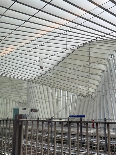 The image captures the interior of the Reggio Emilia AV Mediopadana train station, a modern architectural marvel designed by Santiago Calatrava, located in Reggio nell'Emilia, Italy. The structure features a distinctive white canopy made of steel and glass, supported by angled ribs, creating a flowing, organic form. The canopy's translucent surface allows natural light to filter through, illuminating the space below.
In the foreground, a metal fence separates the viewer from the train tracks, which are laid with ballast and parallel rails. The fence is made of vertical metal bars and horizontal railings. Beyond the fence, several train platforms are visible, with people milling about. One platform has a digital display board showing train information. Another platform features a sign that reads "Reggio Emilia AV Mediopadana."
The background is dominated by the architectural elements of the station, with the white, curved walls and the intricate geometric pattern of the ceiling creating a sense of depth and movement. The lighting is bright and diffused, highlighting the clean lines and modern aesthetic of the station. The overall impression is one of a spacious, contemporary, and functional transportation hub.