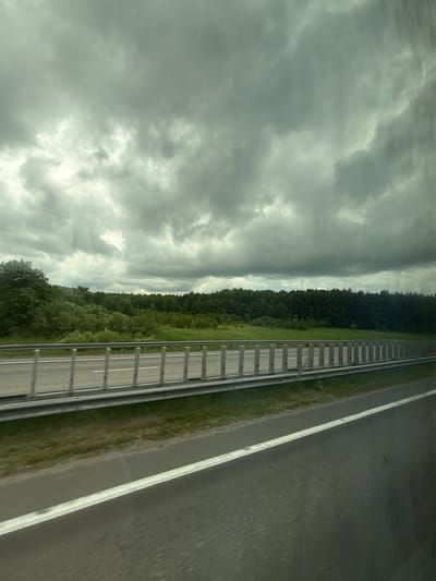 The image captures a view of a highway with a guardrail and a dense line of trees in the background. The sky is overcast with dark, heavy clouds. The highway is paved and has white lane markings. The guardrail is made of metal posts and a continuous horizontal bar. Beyond the guardrail, there is a strip of green grass, followed by a thick forest. The overall scene suggests a cloudy day, possibly before or during rainfall. The location in Uchkhoza Sel'khoztekhnikuma, Russia, is not visually evident from the image. There are no people or visible actions.