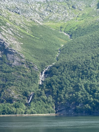 The image displays a steep, tree-covered mountainside adjacent to a calm body of water. The mountain is rugged, with exposed rock faces interspersed with dense green foliage, suggesting a natural, untamed environment. A thin, white ribbon of what appears to be a waterfall or a stream cascades down a section of the mountain, cutting through the greenery. The water on the right side of the image is dark and placid, with subtle ripples or texture indicating movement or depth. The steepness of the terrain and the abundance of trees imply a mountainous or fjord-like setting, consistent with the Inndyr, Norway location context. The lighting suggests it could be daytime, with the sun casting shadows that highlight the contours of the mountain. There are no visible people, objects, text, or specific events taking place; the scene focuses on the natural landscape. The overall impression is one of serene natural beauty and the ruggedness of a mountainous coastal region.