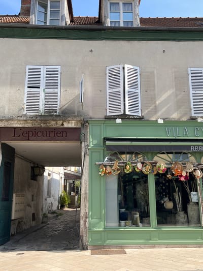 This is a street-level, eye-level, medium shot of a building with two adjacent storefronts in Rambouillet, France. On the left is an archway that leads to a cobblestone alley. Above the archway is a sign that reads "L'Epicurien." On the right is a green storefront with large windows displaying flowers and plants. A sign above the windows reads "VILA CY" and below that "FLEURISTE". Several decorative hats with flowers are hung above the storefront windows. The building has light-colored stucco walls and white louvered shutters on the windows. The sky is clear and blue.