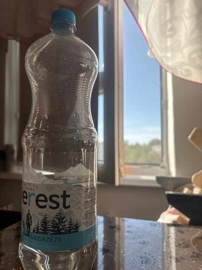 A medium close-up, eye-level shot shows a plastic bottle of "Everest" drinking water on a table. The bottle is about half full and features a blue cap and a label with a mountain and forest graphic, as well as text indicating "DRINKING WATER", "Everest", "NEGĀZĒTS", and "STILL". The table has a reflective surface with a floral pattern. In the background, a window is visible, with sunlight streaming through, illuminating the scene and casting shadows. Through the window, a blue sky and green trees can be seen. The overall environment appears to be indoors, likely a home, in Krāslava, Latvia, given the presence of the Latvian text on the bottle. There are no people or specific actions depicted in the image.