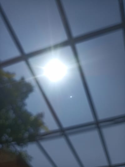 The image shows a blurred view of the sky through a grid structure, possibly a window or a ceiling. The sun is brightly shining in the upper center of the frame, creating a lens flare and radiating light. To the left of the sun, there is a blurry green mass that appears to be trees or foliage. The sky is a hazy blue. The grid lines are dark and diagonally oriented, suggesting an overhead perspective. The image was taken in Chust, Uzbekistan.