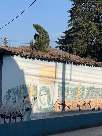 Here's a description of the scene:
The image shows a portion of a building's exterior wall in La Esperanza, Honduras. The wall is painted with a mural depicting various figures, including humanoid-like figures, ants, and a portrait of a person. A row of old roof tiles runs along the top edge of the wall. The mural also features natural elements like trees. A tree is seen outside of the wall, and utility wires run across the scene. The wall casts a shadow.