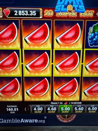 The image shows a screenshot of a slot machine game. The game is called "DMH SLOTS SUPER HOT". The screen displays a number of watermelons, which are symbols on the slot machine. The current balance is 160.01 EUR and the bet per line ranges from 4.00 EUR to 6.00 EUR. The bottom of the screen shows the text "GambleAware.org" and the Tesla logo. The image does not provide any information about the city of Gornik, Bulgaria.
