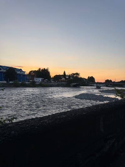 The image captures a river scene at sunset, with a gradient of sky colors transitioning from a pale blue to a warm orange hue. The river flows with a textured, shimmering surface, reflecting the twilight sky. On the left bank, there are buildings with blue roofs and visible trees, suggesting a populated area. Further in the distance, bridges can be seen spanning the river, with silhouetted trees lining the banks. The right bank of the river is dominated by a dark, textured surface, possibly a rocky embankment or a man-made structure covered in dark material. A few small plants are visible in the foreground on the right. The overall mood is tranquil and serene, characteristic of a sunset. The image is oriented vertically.