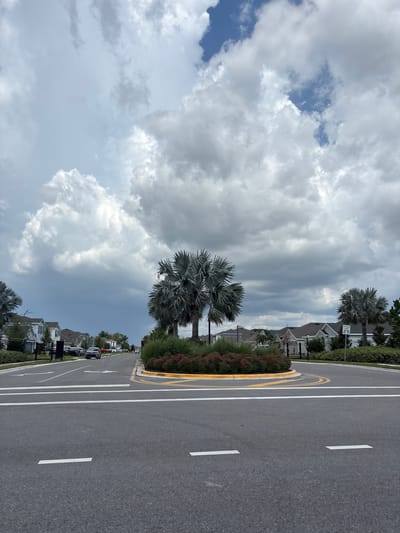 The image shows a street in Parrish, United States, on a cloudy day. In the foreground, there is an asphalt road with white lane markings. In the middle ground, there is a circular island with palm trees and red bushes. Several houses with fences can be seen in the background. A speed limit sign indicating 25 mph is visible to the right. Cars are present on the road and in the driveways of the houses. The sky is filled with dramatic, dark clouds, suggesting an approaching storm.