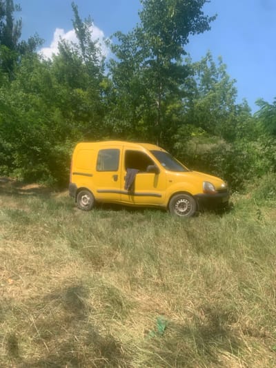 A bright yellow panel van is parked on a grassy area in front of dense green foliage, with tall trees and a clear blue sky visible in the background. The van appears to be a Renault Kangoo, and a dark piece of fabric, possibly clothing, is hanging out of the driver's side window. The grass is tall and somewhat dry in places, suggesting a summer or late spring setting. The overall impression is a vehicle left in a natural, somewhat overgrown environment. The location is identified as Kosy, Ukraine.
