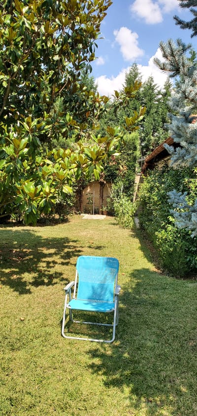 A bright, sunny day in a backyard garden setting in Nea Santa, Greece. The scene is dominated by lush greenery, with large trees and bushes creating a natural, slightly overgrown feel. In the foreground, to the left, are the glossy, dark green leaves of a magnolia tree. Beyond that, a dense wall of evergreens provides a backdrop.

The middle ground features a neatly mown lawn, with shadows of tree branches cast across it, indicating it is likely midday or early afternoon. Placed on the grass is a blue folding lounge chair, its frame made of light-colored metal. The chair appears empty, suggesting a moment of quiet repose in the garden.

Further into the background, a structure with a tiled roof is visible, partially obscured by foliage, hinting at a small house or shed within the property. A stone pathway or patio is also present. The sky above is a clear blue, punctuated by a few fluffy white clouds. The overall impression is one of a tranquil, sun-drenched summer day in a private garden. There is no visible text in the image.