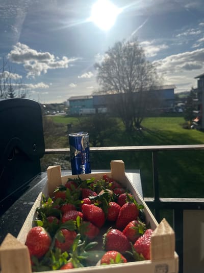 A sunny daytime scene from a balcony in Höri, Switzerland, overlooks a residential or light industrial area. In the immediate foreground, a wooden crate is filled with numerous fresh, ripe red strawberries, many still retaining their green calyxes. To the left of the crate, a black outdoor grill or storage unit is partially visible. Centered in the midground, an open blue Red Bull "The Blue Edition" energy drink can stands upright on a dark surface, positioned behind the strawberry crate and in front of a dark metal balcony railing. Beyond the railing, a large green lawn is visible. In the background, a large, bare deciduous tree stands prominently, casting long shadows to the right across the grass. Further back, several buildings are present, including structures with light blue facades and one with a dark roof. A road with parked vehicles runs horizontally across the distant background. The sky is bright blue with scattered white cumulus clouds and visible contrails. The sun, a brilliant white orb, is high in the sky, positioned top-center, creating strong illumination and shadows.