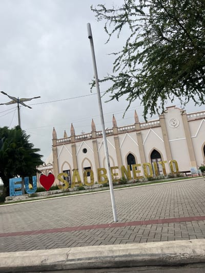 The image captures an outdoor scene in São Benedito, Brazil, presenting a view of a public area under an overcast sky during daylight hours. In the background, a large, light-colored building with an ornate facade is prominently featured. This building, likely a church or a significant public structure, displays multiple spires, arched windows, and decorative details along its roofline.
In the mid-ground, a large, three-dimensional sign spells out "S", followed by a distinctive red heart symbol, and then "BENEDITO". The letters are golden and stand out against the building behind them. This sign is a common civic monument, typically expressing "I love São Benedito". A tall, slender pole, possibly a light pole, stands in front of the sign, partially obscuring some of the letters.
The foreground is dominated by a patterned paved area, suggesting a sidewalk or plaza, which features a distinct reddish-brown linear pattern embedded within the lighter-colored blocks. To the left, the branches of a large, leafy tree extend into the upper portion of the frame, providing natural greenery. A smaller, darker green tree is visible near the base of the sign. In the lower left quadrant, a decorative, star-shaped ornament is mounted on a pole, adding another point of interest to the scene. No people or specific activities are depicted, giving the scene a quiet and still atmosphere.